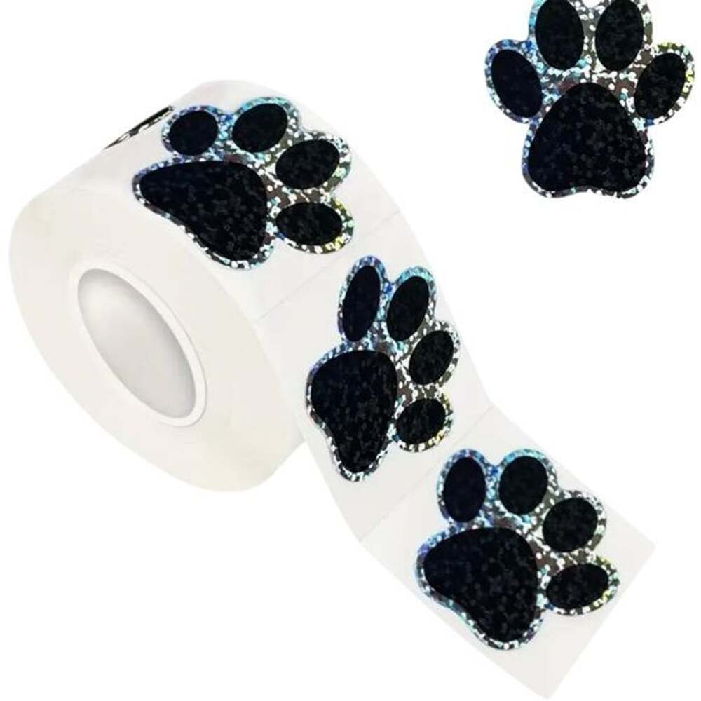 Roll of 500 Paw Print Black Silver Glitter Stickers